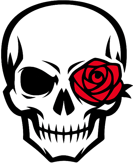 Emblème Horneta : crâne noir et rose rouge